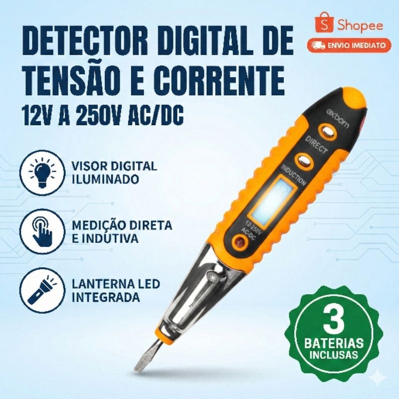 Detector de Tens?o Digital AC/DC 12-220V 1 Detector de Tensão Digital AC/DC 12-220V