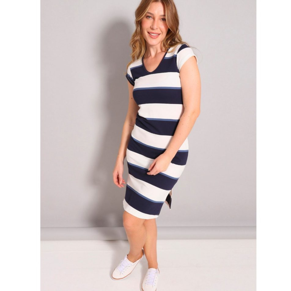 Vestido Listrado Piquet Algod?o Premium 1 Vestido Listrado Piquet Algodão Premium