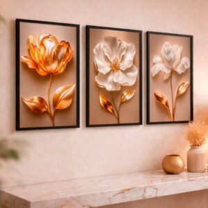 Quadro 3 Flores Tulipas Brancas Douradas