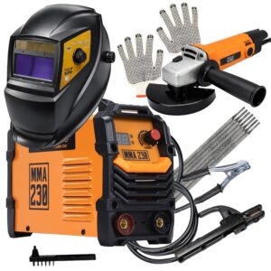 Kit Máquina de Solda MMA 230A 220V Esmerilhadeira 720W 220V Máscara Automática Eletrodo e Luva