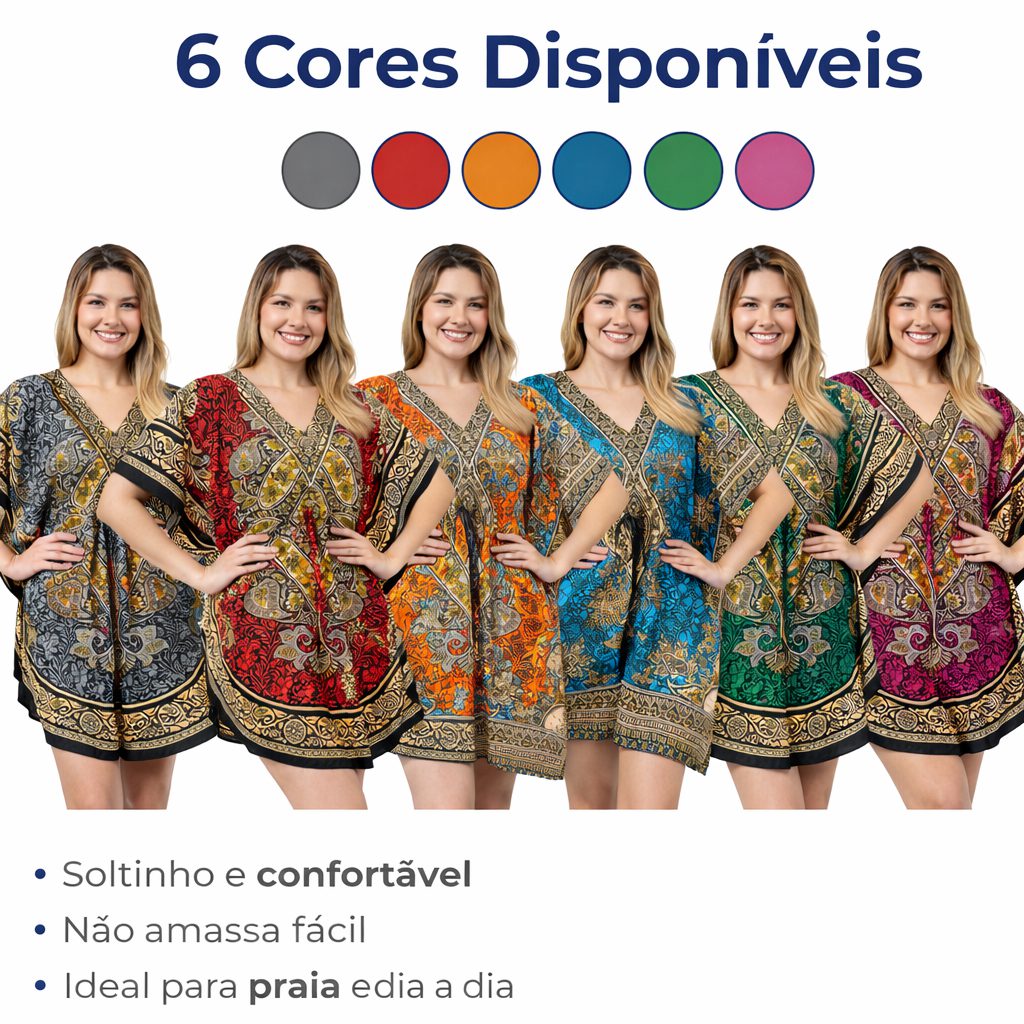 Kaftan Curto Boho ?ndia Feminino Poli?ster 1 Kaftan Curto Boho Índia Feminino Poliéster
