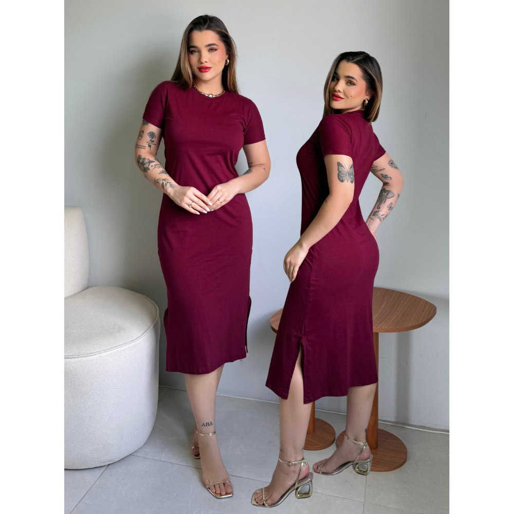 Vestido Midi Feminino Algod?o Fenda Lateral 1 Vestido Midi Feminino Algodão Fenda Lateral