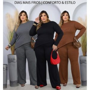 Conjunto Plus Size Inverno Manga Longa Calça Pantalona