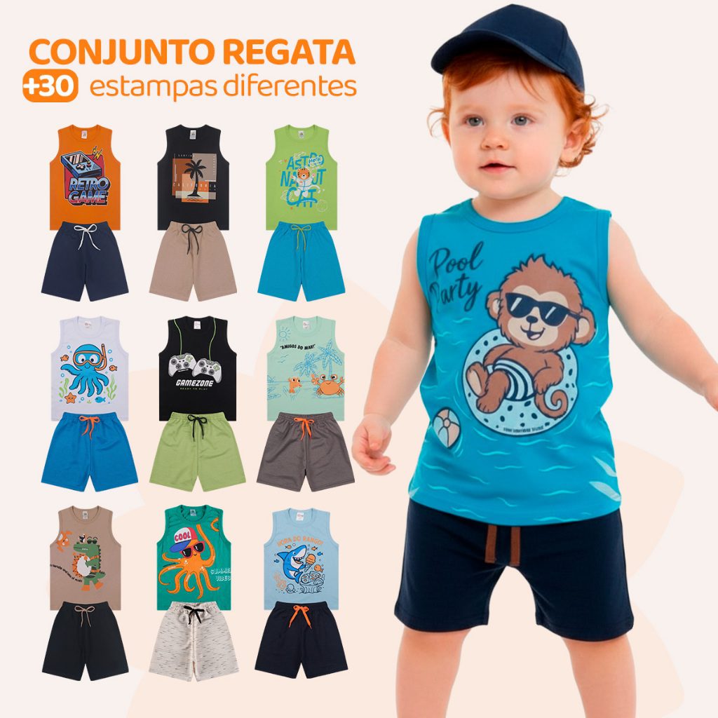 Conjuntos Regata e Shorts Infantil Algod?o Ver?o 1 Conjuntos Regata e Shorts Infantil Algodão Verão