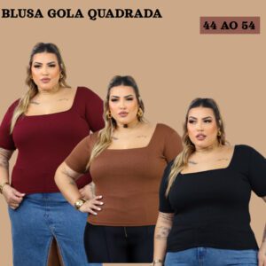 Blusa Decote Quadrado Plus Size Ribana Manga Alongada