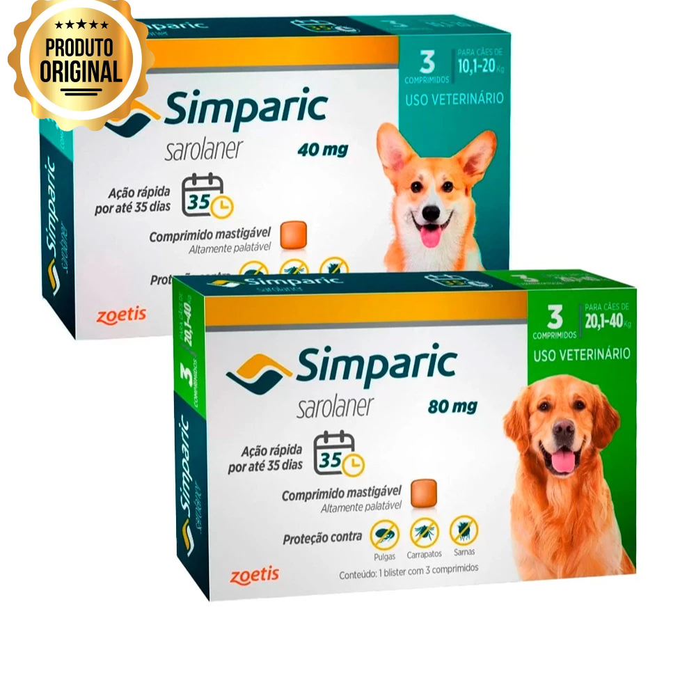 Simparic: Antipulgas e Carrapatos para C?es 1 Simparic 40mg 10,1 A 20kg + Simparic 80mg 20,1 A 40kg 3 Comprimidos