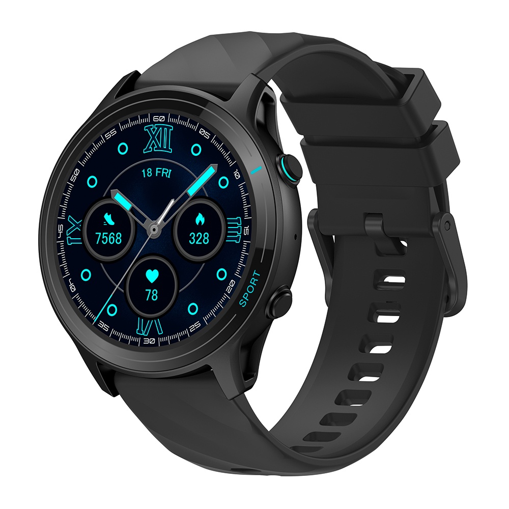 Smartwatch ZW12 Zwear BT 5.2 Preto exibindo tela inicial com ícones de monitoramento de saúde e tempo, pulseira de silicone preta ajustada ao pulso e corpo metálico fosco.