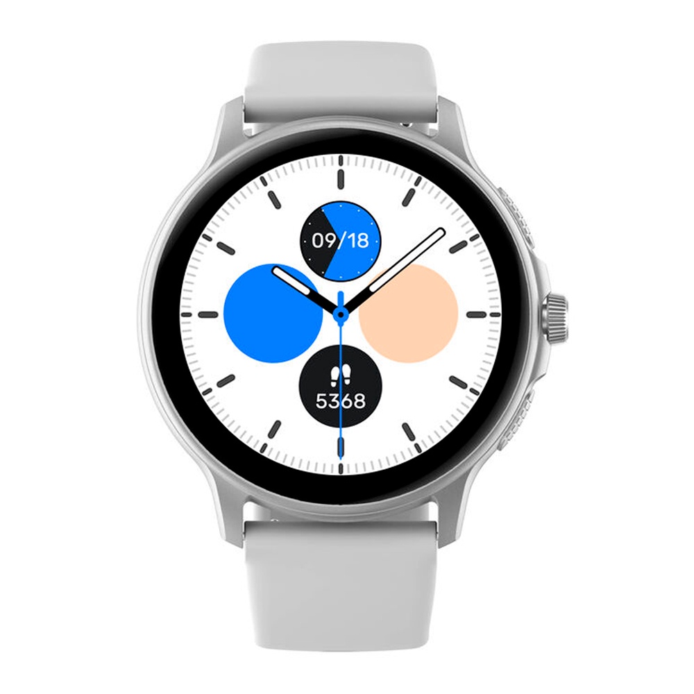 Smartwatch Zwear Z121 Bluetooth Prata 1 Smartwatch Zwear Z121 Bluetooth Prata em uso no pulso de uma pessoa, exibindo a tela principal com interface de monitoramento de atividades físicas, pulseira de silicone prateada e corpo metálico. O design moderno e elegante é destacado, com reflexos da luz no acabamento prateado.