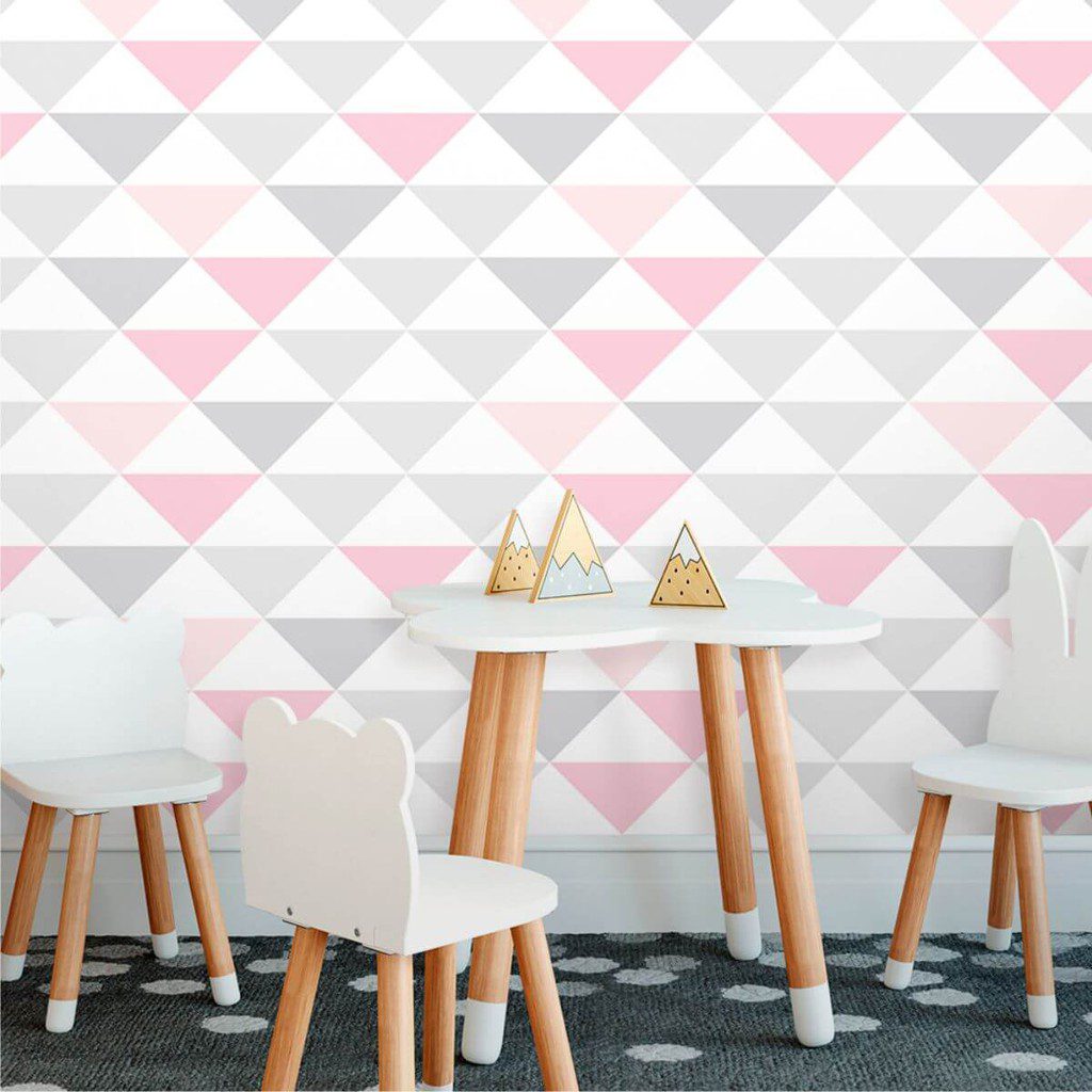 Papel de Parede Geom?trico Tri?ngulos Cinza e Rosa 1 Papel de Parede Geométrico Triângulos Cinza e Rosa