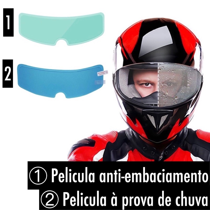 Película transparente anti-chuva e anti-neblina aplicada em uma viseira de capacete de motocicleta, mostrando a clareza da visão mesmo sob condições de umidade, com reflexos suaves de luz indicando a superfície lisa e protetora, ideal para pilotagem segura.