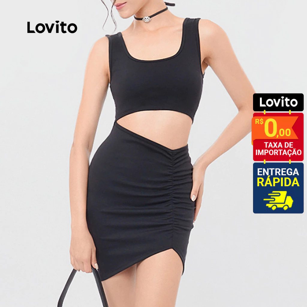 Vestido Cut Out Fenda Decote Quadrado Feminino 1 Vestido Cut Out Fenda Decote Quadrado Feminino