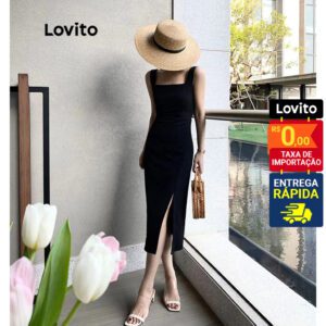 Vestido Midi Decote Quadrado Fenda Liso