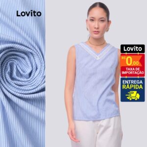 Blusa Social Listrada Gola Renda Feminina