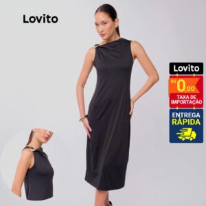 Vestido Midi Preto Elegante Fivela