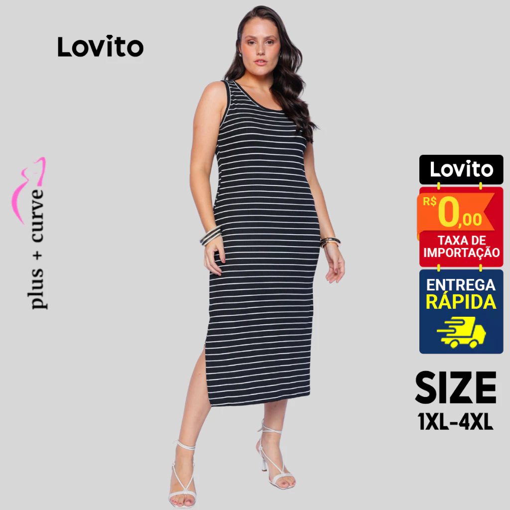 Vestido Plus Size Midi Listrado Feminino 1 Vestido Plus Size Midi Listrado Feminino