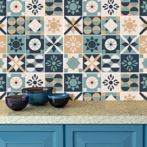 Adesivo de Azulejo Hidraulico Bege, Azul e Verde 2,70m