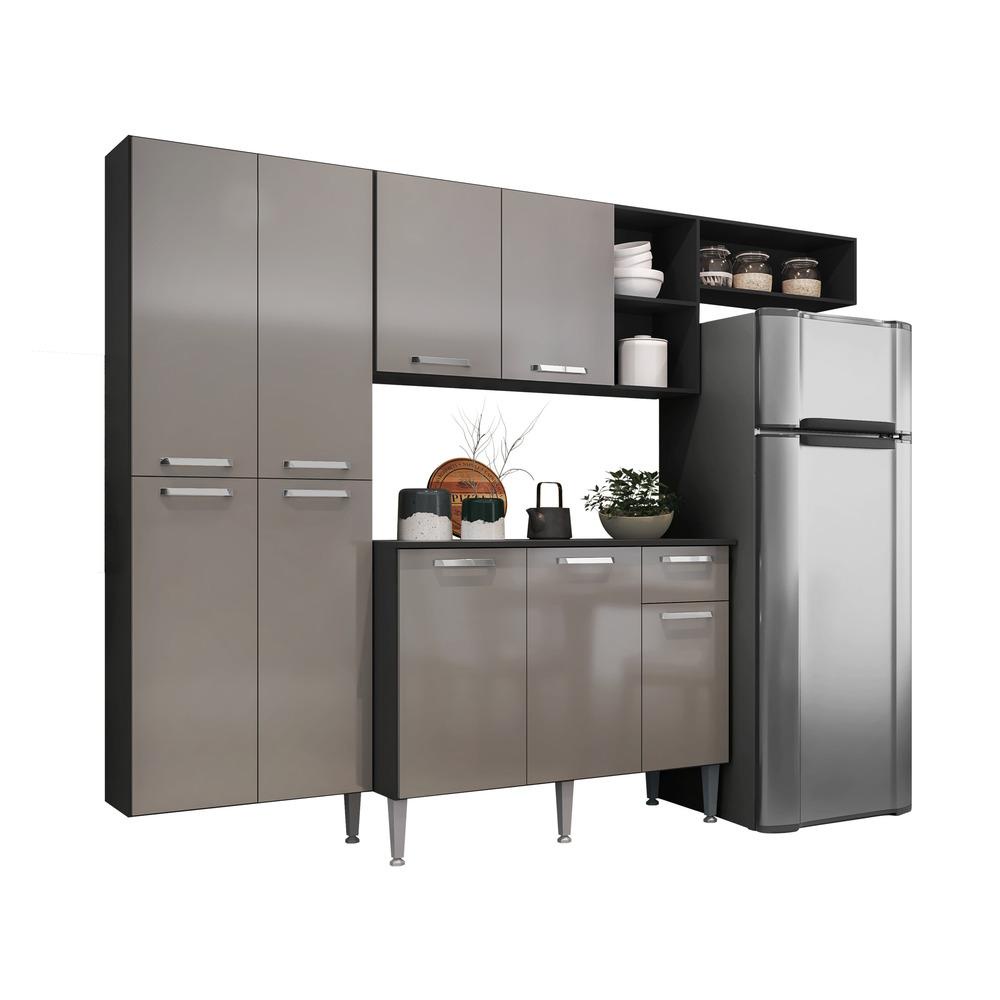 Cozinha Compacta Pequim Sun Multim?veis - Preto Acetinado 1 Cozinha Compacta c/ Armário e Balcão com Tampo Pequim Sun Multimóveis Preta/Lacca Fumê