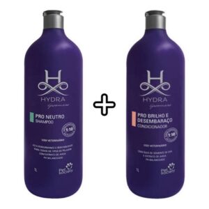 1 Shampoo Hydra Neutro 1L+ 1 Condicionador Brilho e Desembaraço Hydra 1L Cães e Gatos Pet Society