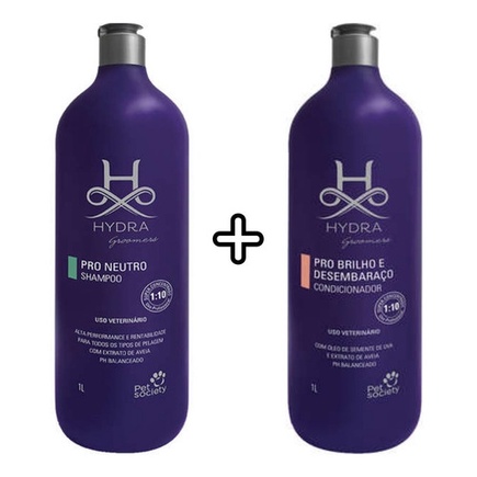 Shampoo e Condicionador Hydra C?es e Gatos 1 1 Shampoo Hydra Neutro 1L+ 1 Condicionador Brilho e Desembaraço Hydra 1L Cães e Gatos Pet Society