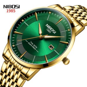Relógio Masculino NIBOSI Verde Dourado Luxo Moda Quartz 2525