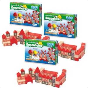 Kit 3 un Blocos para Montar Brincando de Engenheiro 200 peças Madeira Reflorestada Xalingo 53065