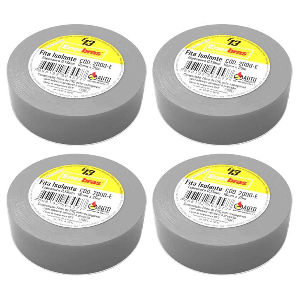 Fita Isolante El?trica 18mm 20m Enerbras E13 1 Kit 4 Fitas Isolantes 18mmx20m Cinza PVC E13 Enerbras