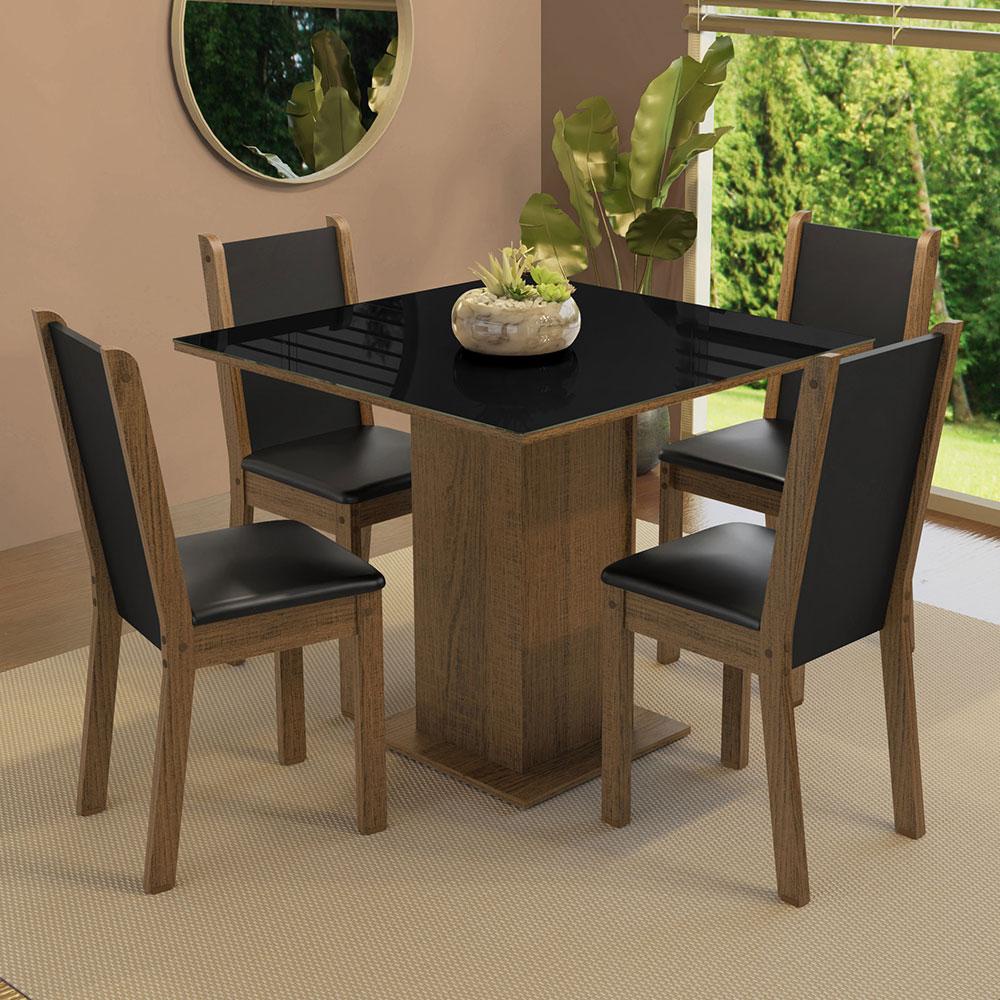 Conjunto Sala Jantar Mesa Vidro Tampo Preto 1 Conjunto Sala de Jantar Mesa Tampo de Vidro 4 Cadeiras Rustic/Preto Tifani Madesa