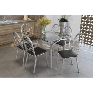 Sala de Jantar Completa Elba c/ Tampo Vidro 120cm + 6 Cadeiras Holanda Cromado/Courano Preto - Kappesberg