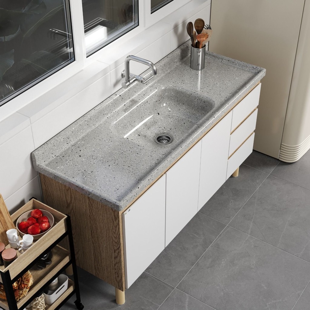 Pia de Cozinha M?rmore Sint?tico 150cm Rorato 1 Pia de Cozinha em Mármore Sintético com Furação para Válvula Americana 150cmx55cm AJ Rorato