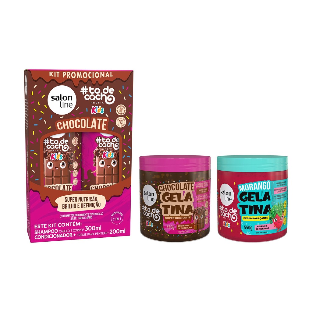 Kit Shampoo + Condicionador Kids Chocolate & 1 Kit Shampoo + Condicionador com 2 Gelatinas Chocolate e Morango