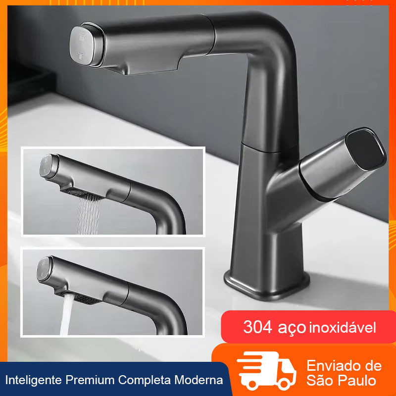 Torneira Cozinha Gourmet Inox 304 1 Torneira Cozinha Gourmet Inox Aço 304 de Bancada Monocomando Cinza Com Spray Flexível Misturador