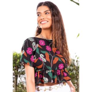 Blusa Feminina Crepe Floral Manga Curta