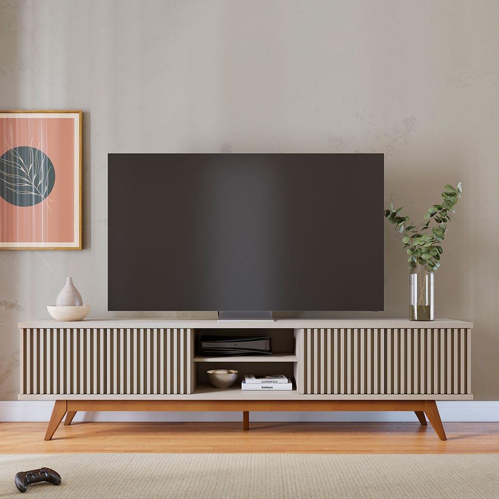 Rack Fortaleza Off White 218cm - TV 75 1 Rack Fortaleza Off White e Freijó 218 cm
