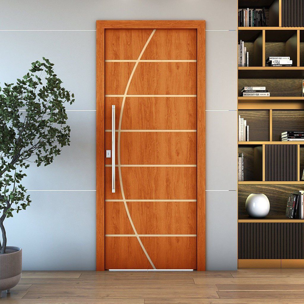 Porta MDF Valuchi 80x210cm Mogno Verniz Colmeia 1 Folha de Porta de Madeira Frisada 210x80 Espessura 3,5cm Valuchi Mogno