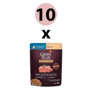 KIT 10 Ração Úmida Gran Plus Gourmet Gatos Adultos Castrado Frango Sachê 85g