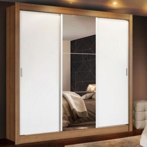 Guarda Roupa Casal 3 Portas de Correr com Espelho Rustic/Branco Madesa Mônaco