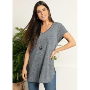 Blusa Alongada Decote V Rosa Malha Fluída