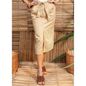 Saia Jeans Bege Fenda Cintura Alta