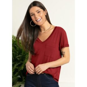 Blusa Vermelha Decote V Bolso Frontal