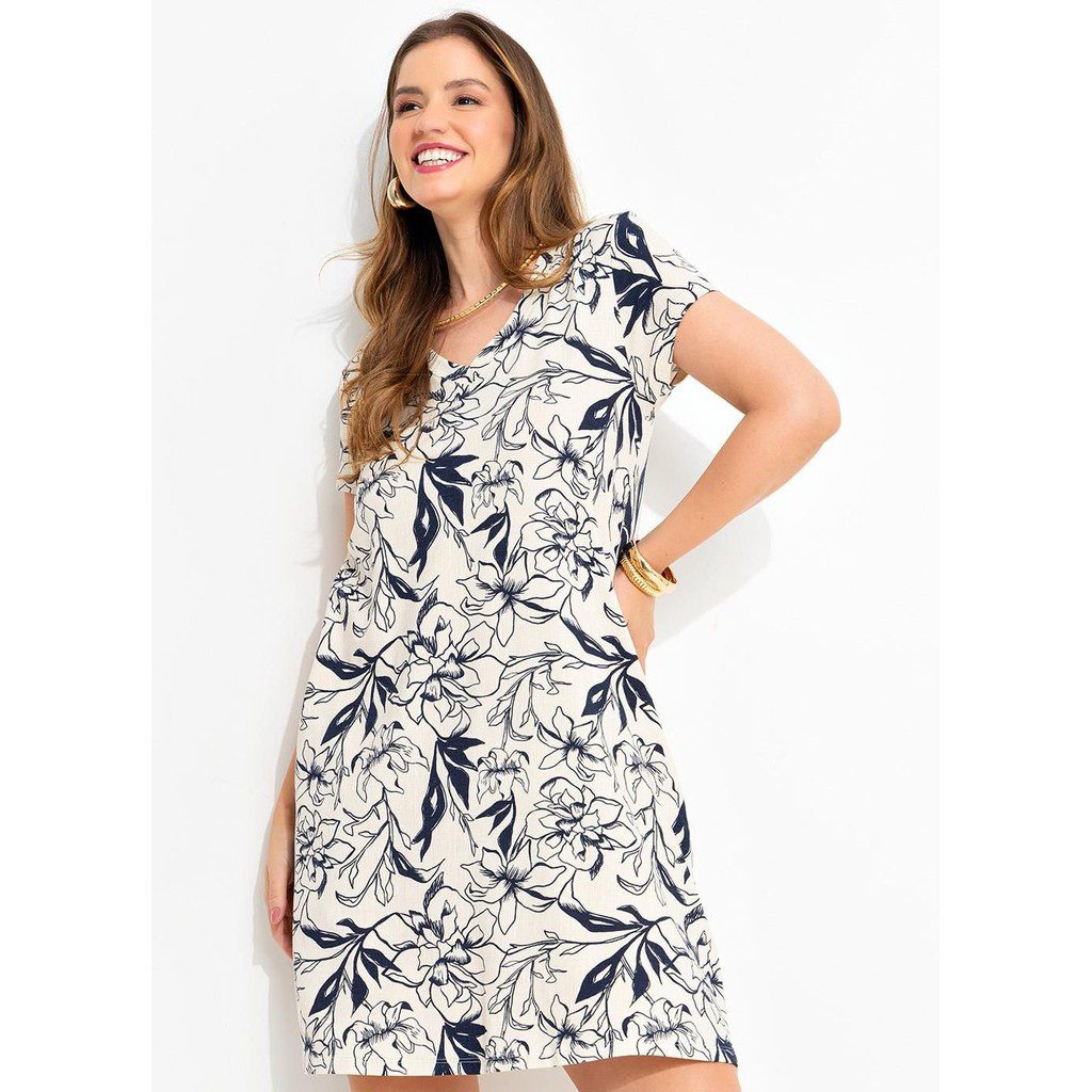 Vestido Malha Viscose Bege Floral 1 Vestido Malha Viscose Bege Floral
