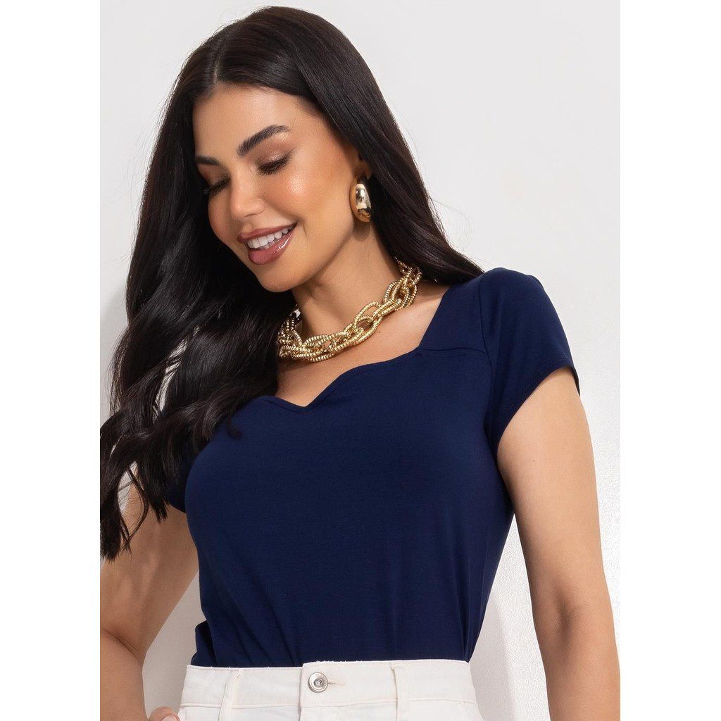 Blusa Viscose Azul Marinho Decote Cora??o 1 Blusa Viscose Azul Marinho Decote Coração