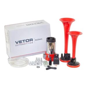 Buzina 2 Cornetas 24v Universal + Compressor E Mangueira BUZINA 2 CORNETAS VERMELHA 24V (VOX2P) VETOR