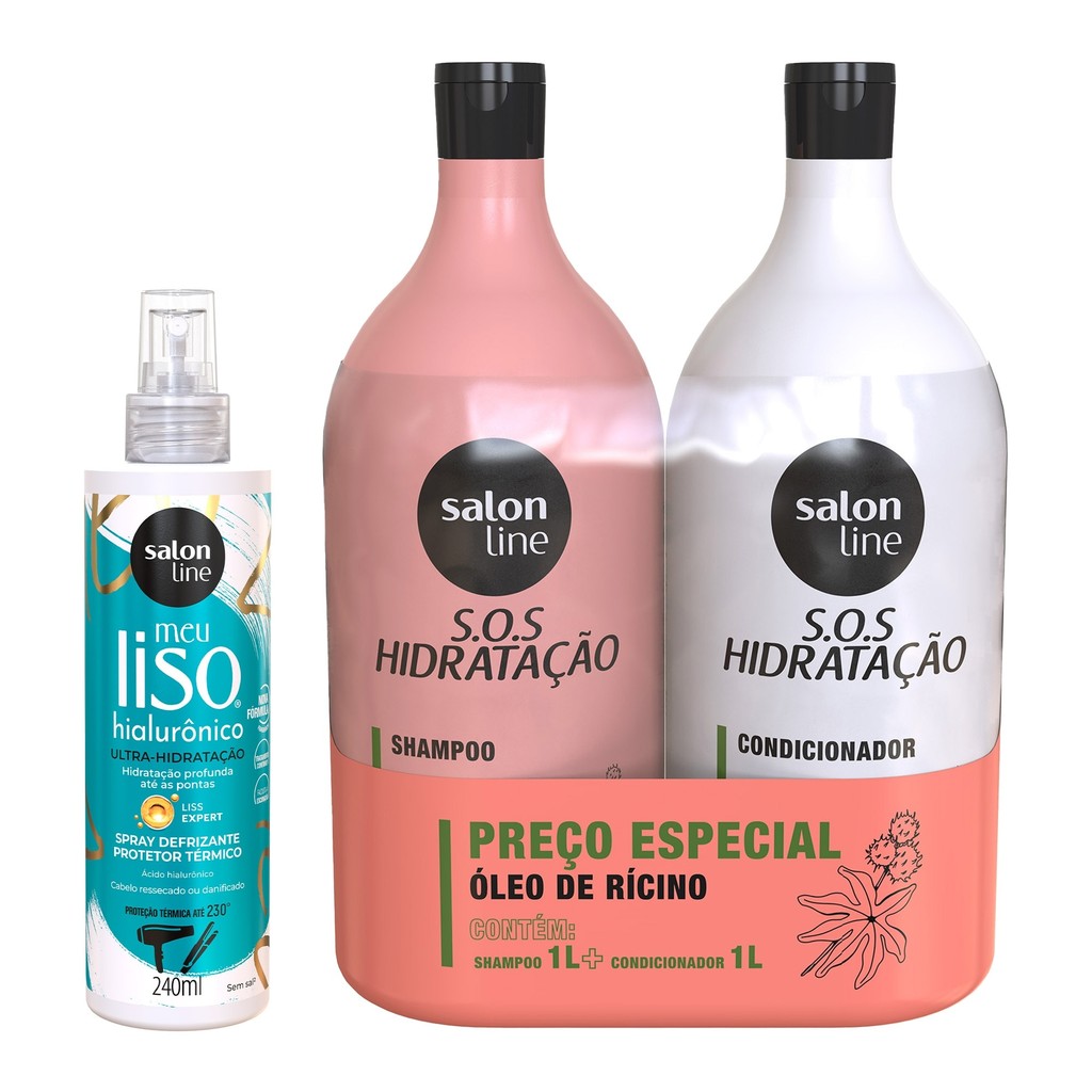 Kit Hidrata??o SOS Meu Liso Litr?o 1 Kit com Shampoo e Condicionador Litrão SOS Hidratação + Spray Protetor Térmico Meu Liso Salon Line