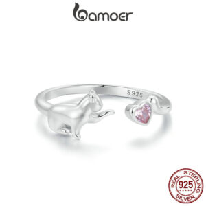 Bamoer 925 Sterling Sliver Fita Aberta Anel Gato Fofo Design Jóias De Moda Requintadas Presentes Para Mulheres