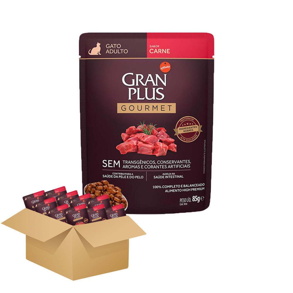 Ra??o ?mida Gran Plus Gatos Adultos Carne 1 KIT 10 Ração Úmida Gran Plus Gourmet Gatos Adultos Carne Sachê 85g
