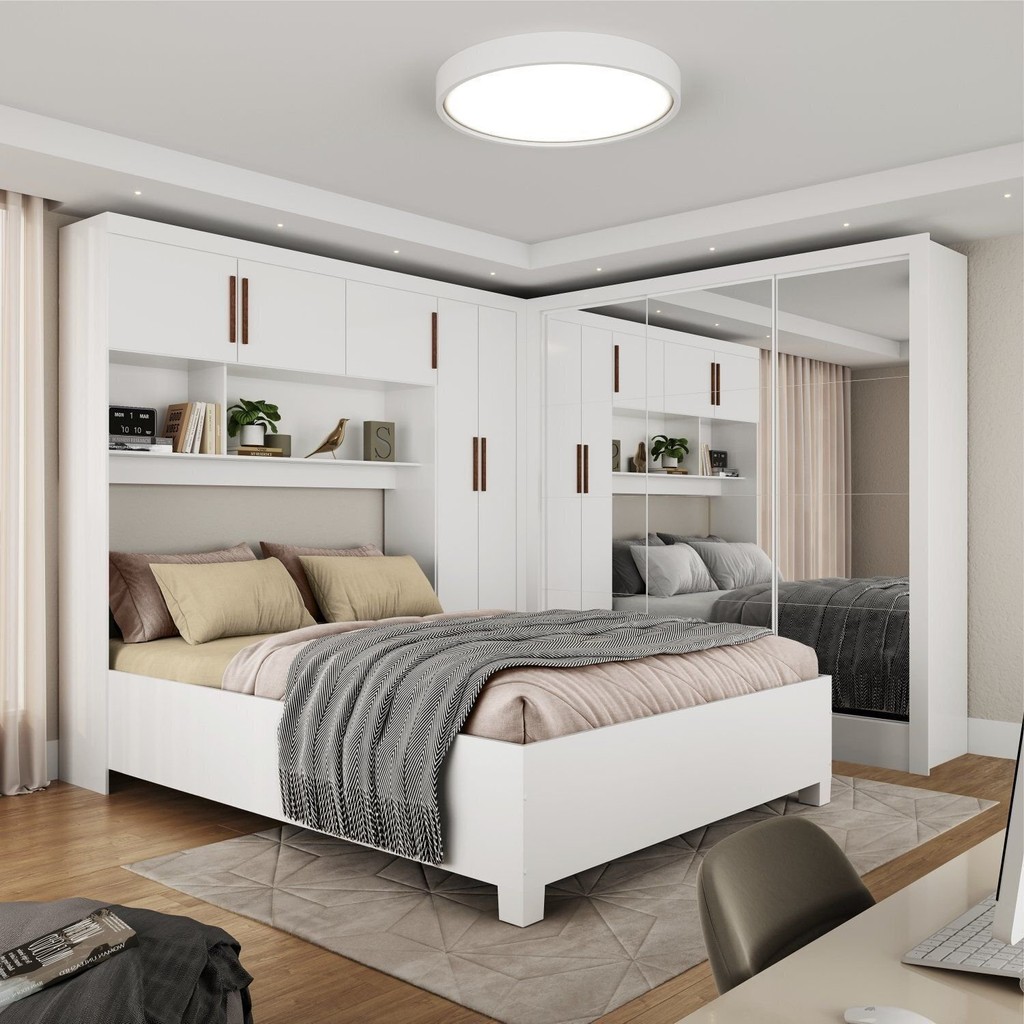 Guarda-Roupa Casal Cama Santiago Premium 1 Guarda-roupa Casal Modulado 5 Portas com Cama Santiago 3 Portas Premium 5 Gaveta com Espelho Branco