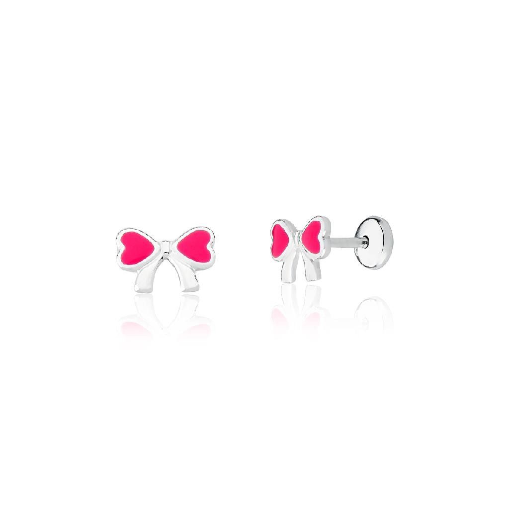 Brinco Prata Infantil Laço Rosa 925 1 Brinco Prata Infantil Laço Rosa 925