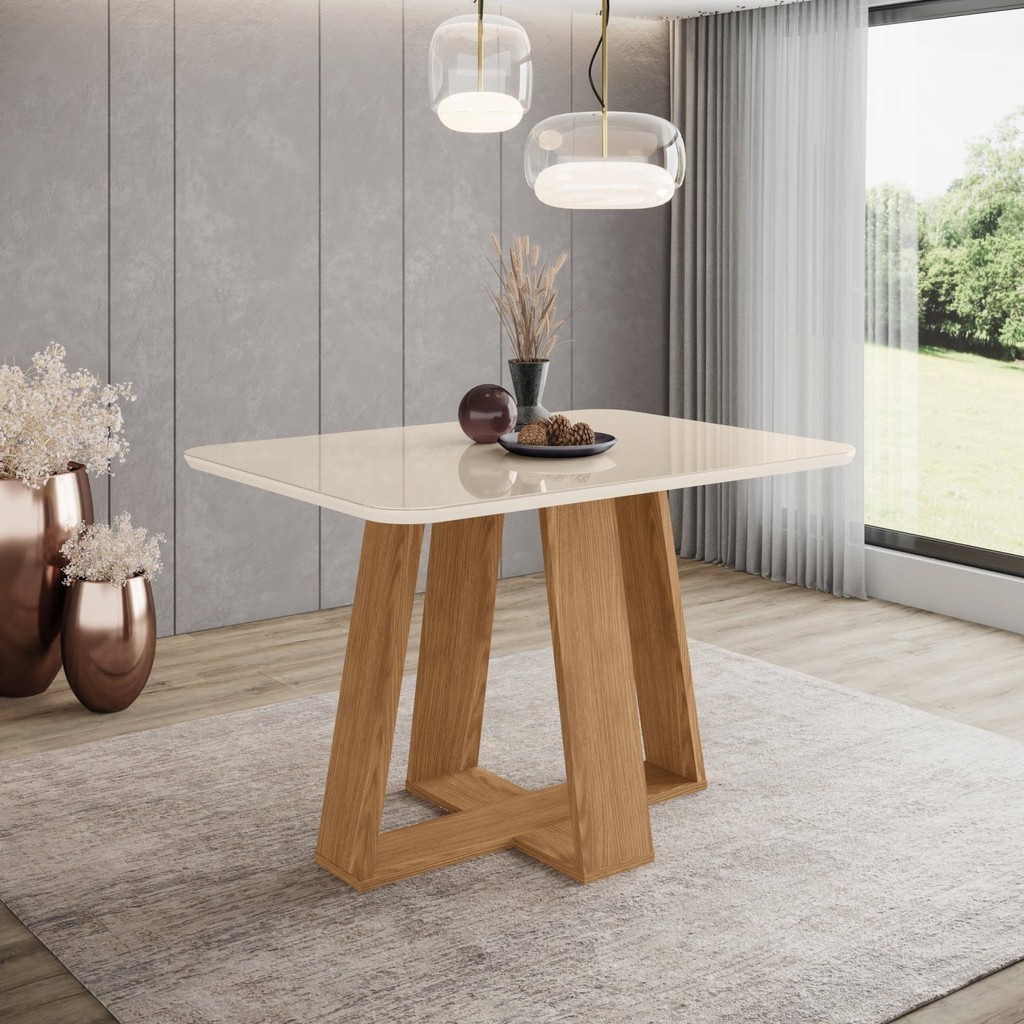 Mesa Jantar 4 Lugares Lins MDF e Vidro 120cm Henn 1 Mesa de Jantar 4 Lugares 120cm Tampo Mdf e Vidro Canto Arredondado Lins 120