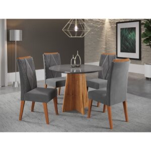 Mesa de Jantar Redonda Riu com 4 Cadeiras Madeira Maciça Vegas Mel/Grafite