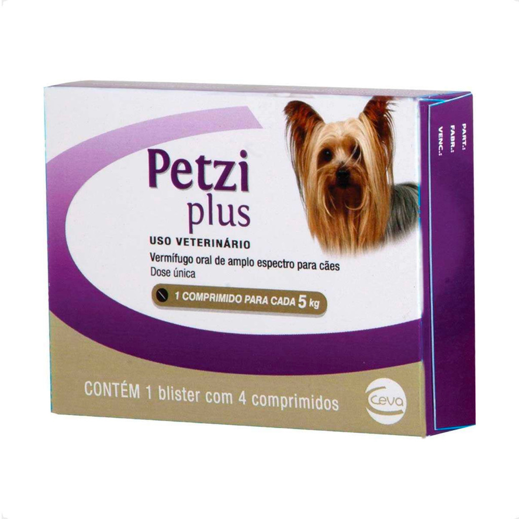 Vermífugo Petzi Plus Cães - 5kg 1 Petzi Plus 350mg Vermífugo Ceva para Cães 5Kg - 4 comprimidos